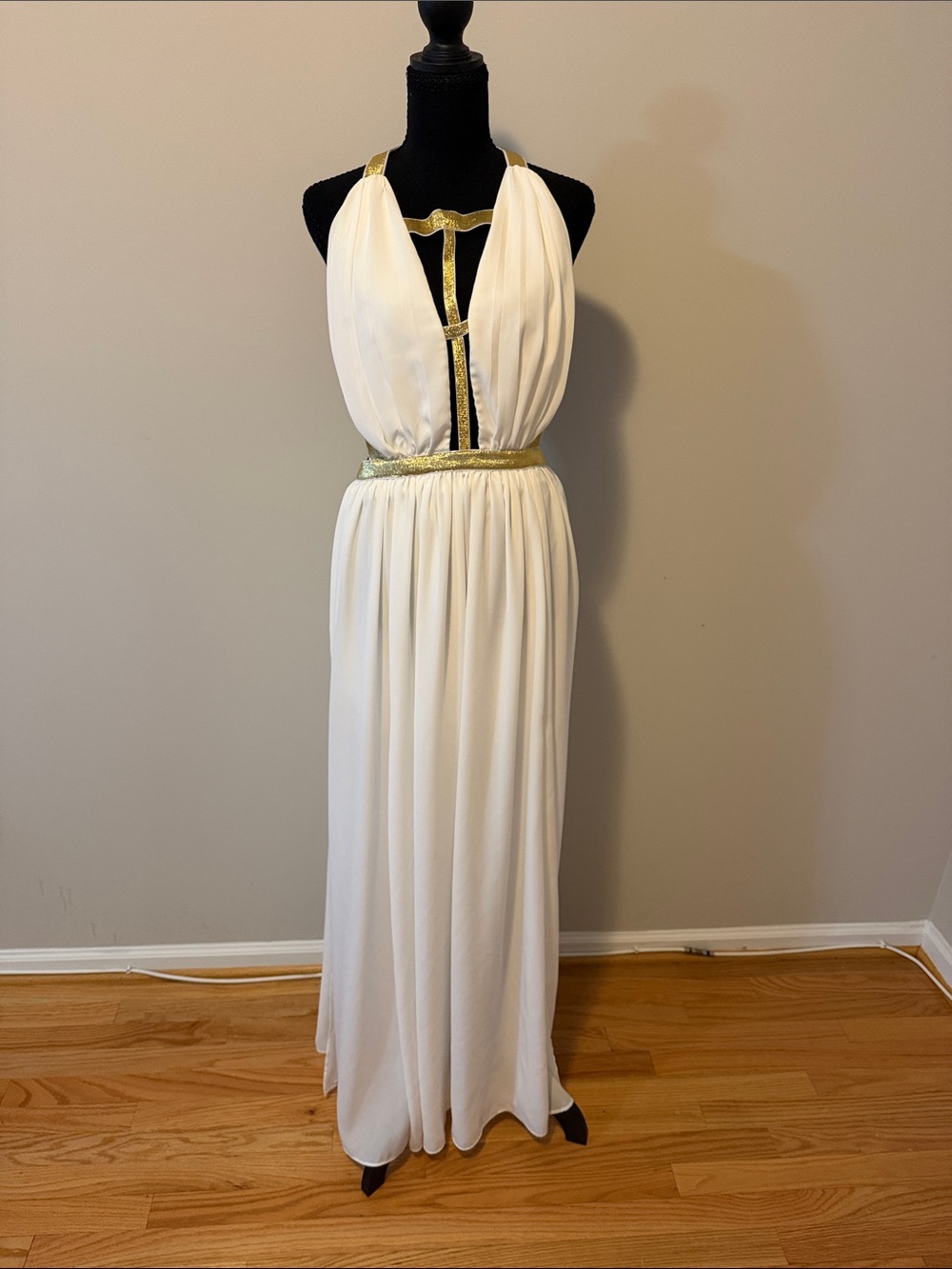 Grecian-Inspired White Mesh Maxi Dress with Gold Accents